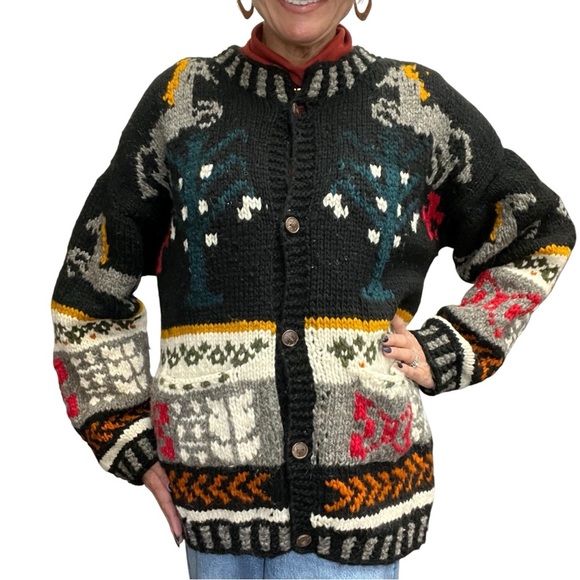 Chibcha Wool Artesian Cozy Heavy Knit Chunky Vintage Cardigan Horse Sweater - Picture 1 of 15